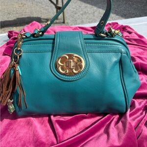 Teal Vinyl Handbag with Gold Accents